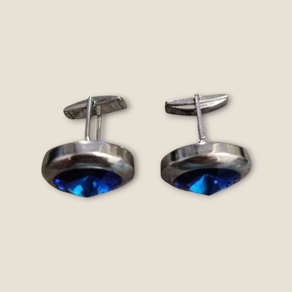 Vintage Silver Cufflinks With Blue Sapphire-Like Stones - Picture 3 of 5